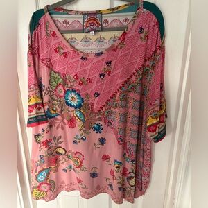 JOHNNY WAS “Janie” Paisley Floral boat neck long tee~ Size 2X